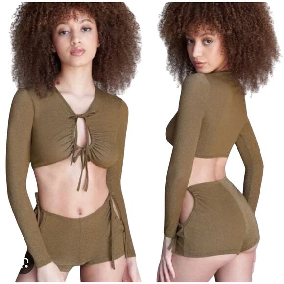 Savage X Fenty "Sleep and Shine" LS Crop Tee Sleepwear-Military Olive - Size: 2X - Picture 3 of 5